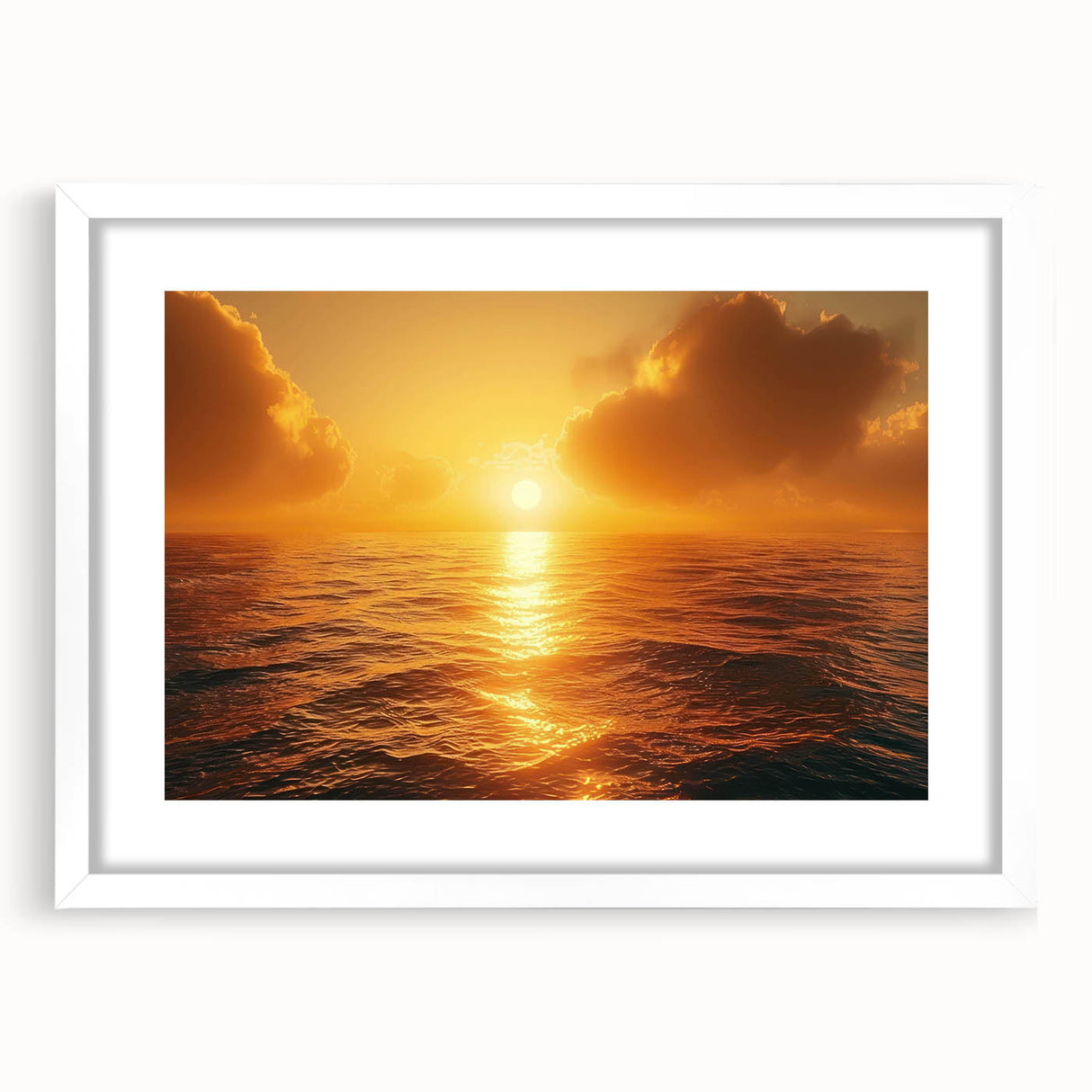 Framed landscape wall art featuring serene seascape design with a white mat, showcasing calming ocean hues and intricate details, ideal for interior decor.