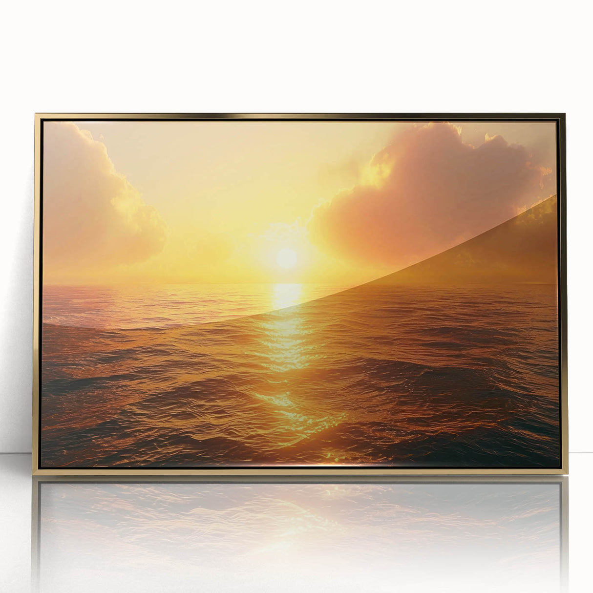 Framed acrylic wall art featuring a stunning seascape design with gold accents, ideal for enhancing modern home decor. Perfect for coastal-themed interiors.