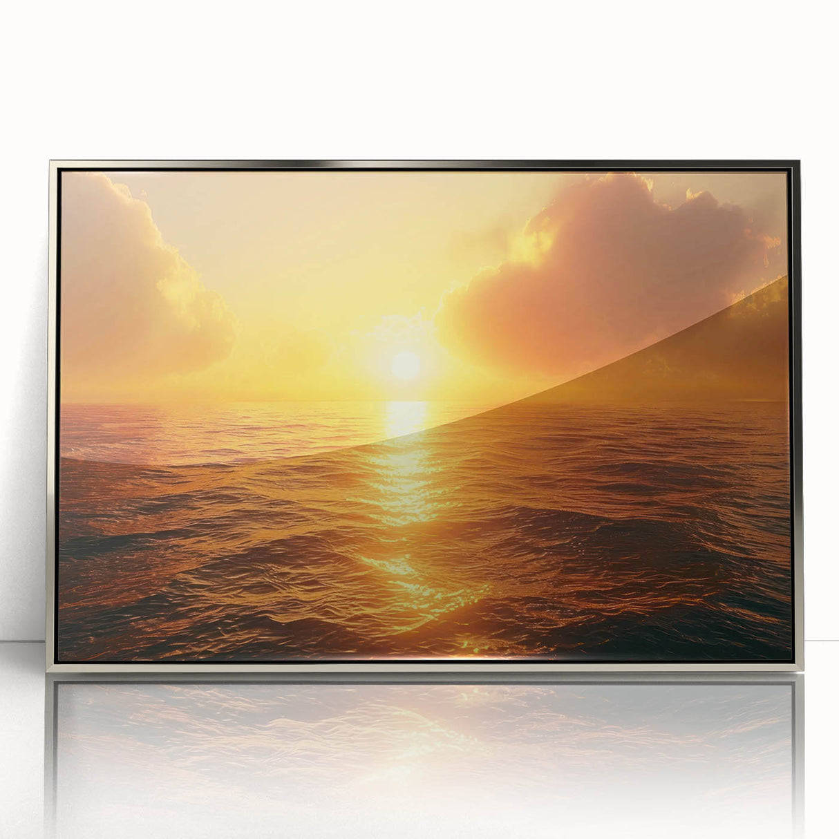 Framed acrylic wall art showcasing a stunning seascape design with silver accents, presented in a modern style, perfect for enhancing contemporary home decor.