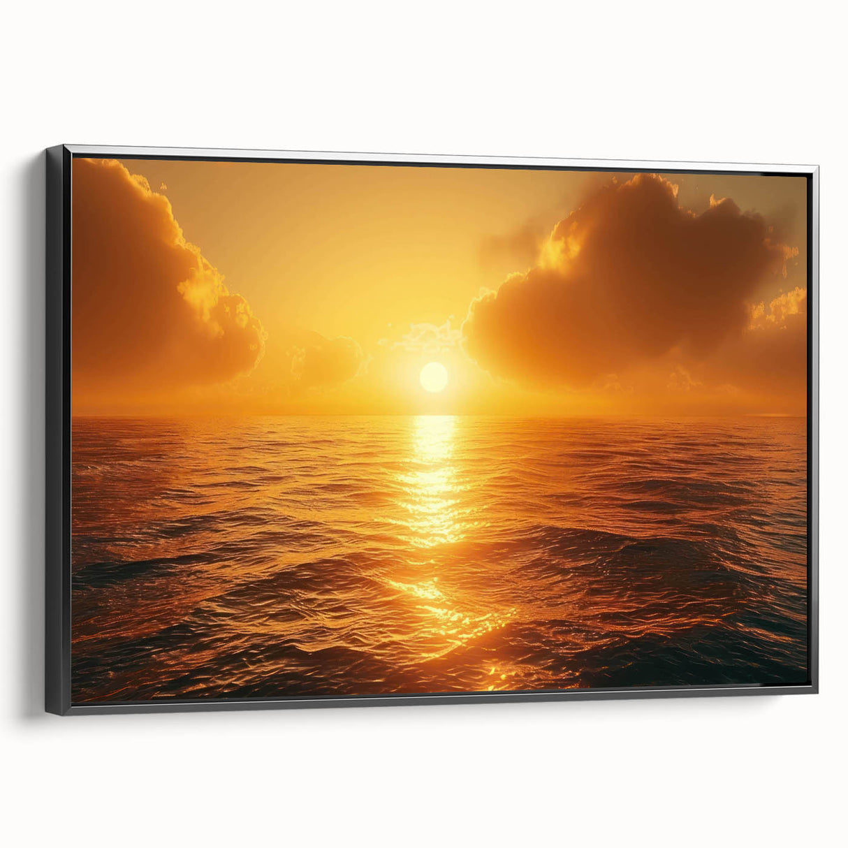Framed canvas wall art showcasing a serene seascape with soft blue tones, elegantly displayed in a sleek black frame, perfect for coastal-themed decor.