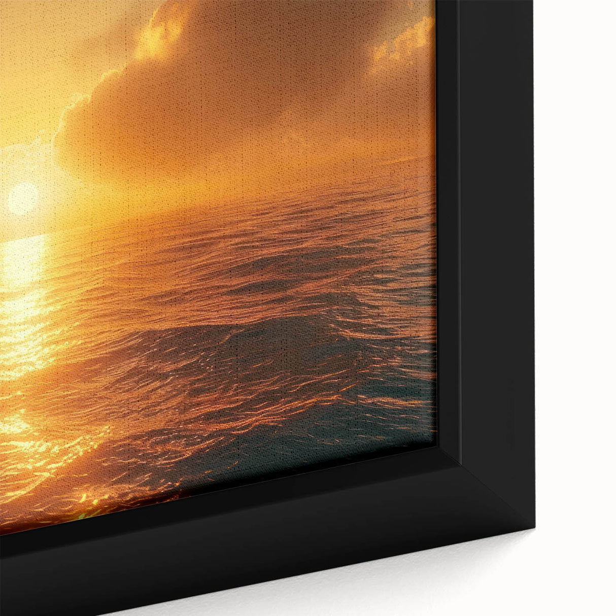 Close-up of a framed canvas wall art piece showcasing a vibrant seascape design with rich blue and green hues, perfect for coastal-themed decor.