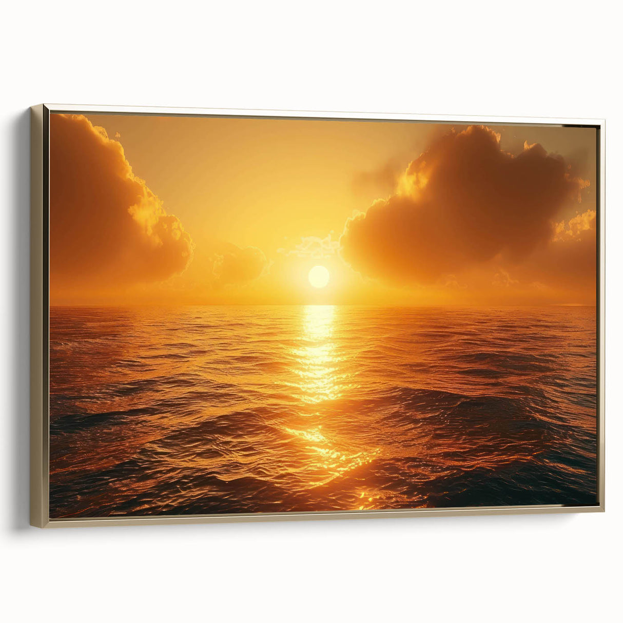 Framed canvas wall art showcasing a serene seascape design with gold accents, ideal for enhancing coastal-themed interiors. Perfect for home decor enthusiasts.