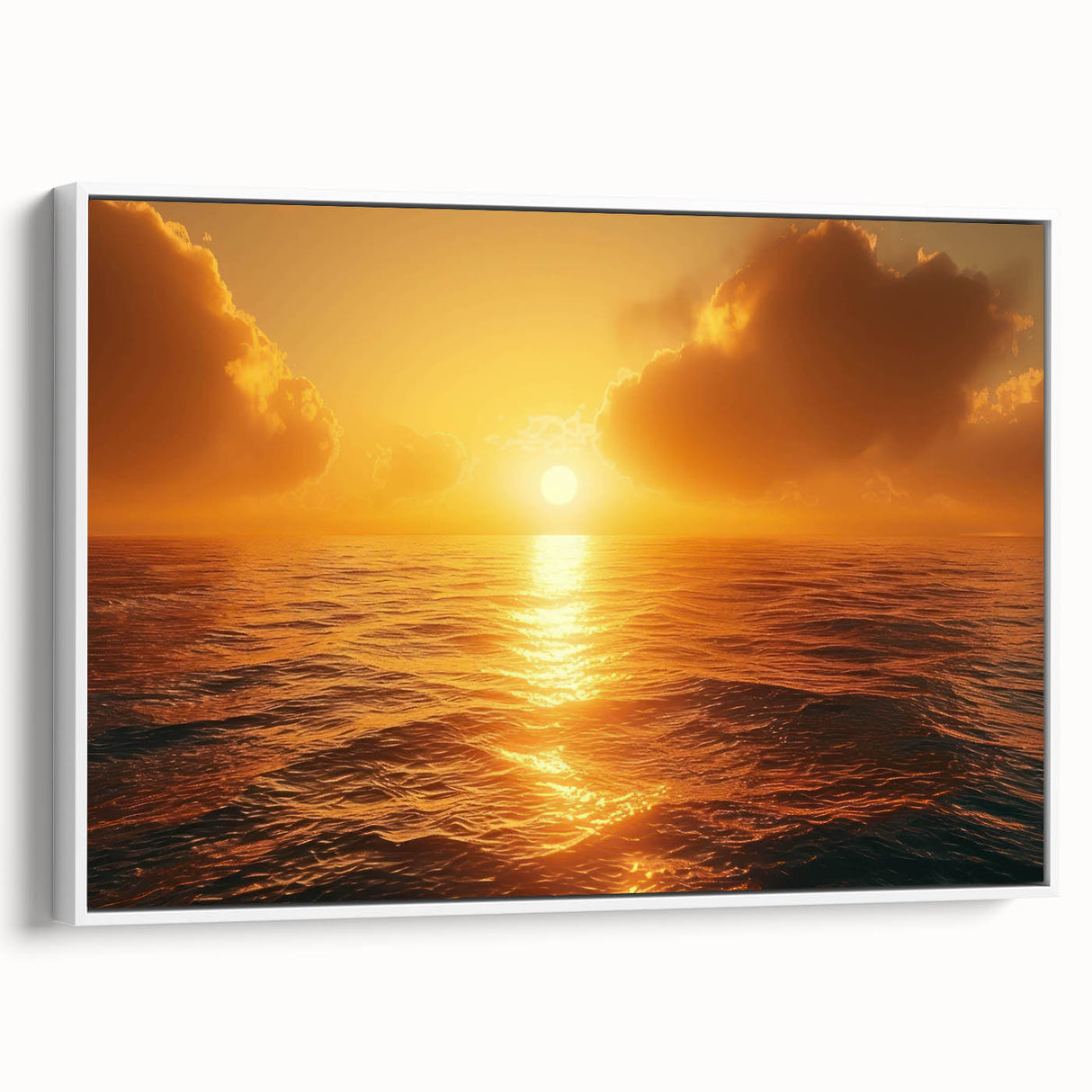 Framed canvas wall art showcasing a serene seascape with calming blue tones, elegantly displayed against a white backdrop, perfect for coastal home decor.