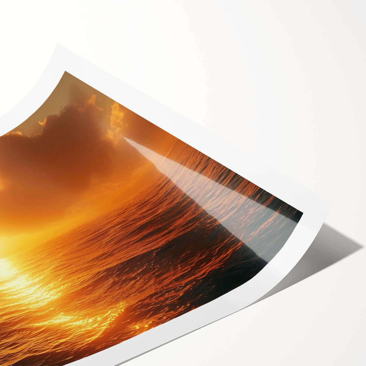 Rolled print of a serene seascape featuring gentle waves and a vibrant sunset, designed for wall art collection, elegantly packaged in a protective tube.