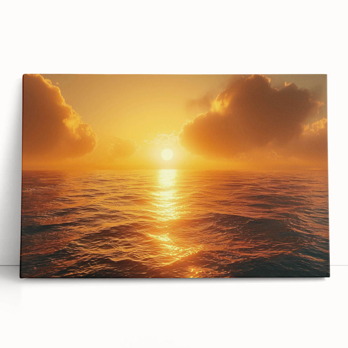 Stretched canvas wall art showcasing a serene seascape design with vibrant blues and soft whites, elegantly leaning against a neutral wall, perfect for coastal decor.