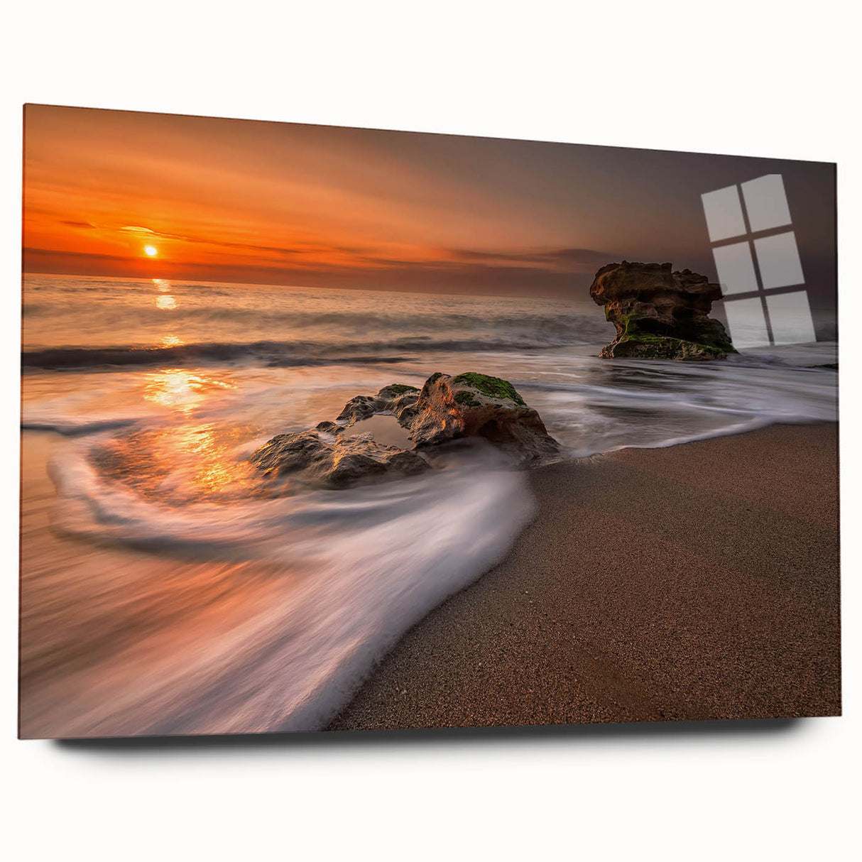 Acrylic glass wall art showcasing a serene seascape design, featuring vibrant blues and calming whites, presented in a side view without pins, perfect for coastal decor.