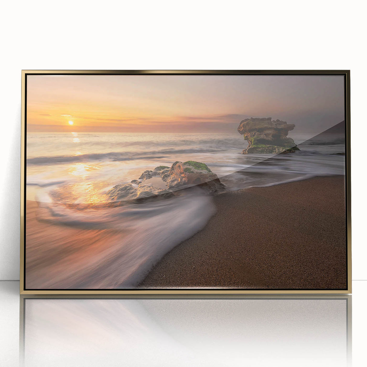 Framed acrylic wall art collection showcasing vibrant seascapes and landscapes with a gold frame, perfect for enhancing modern home decor aesthetics.