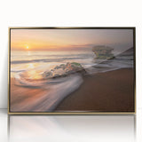 Framed acrylic wall art collection showcasing vibrant seascapes and landscapes with a gold frame, perfect for enhancing modern home decor aesthetics.