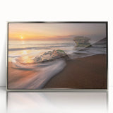 Framed acrylic wall art showcasing a serene seascape design with gentle waves and soft hues of blue and silver, ideal for coastal home decor and interior inspiration.