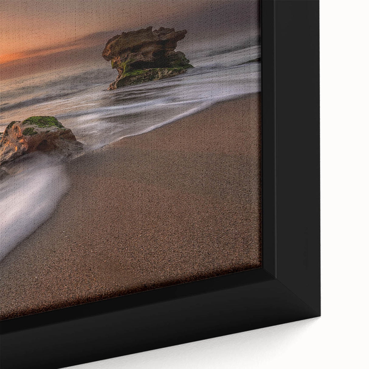 Framed canvas depicting a vibrant seascape with bold blues and greens, showcasing dynamic waves and a serene horizon, perfect for coastal-themed decor.