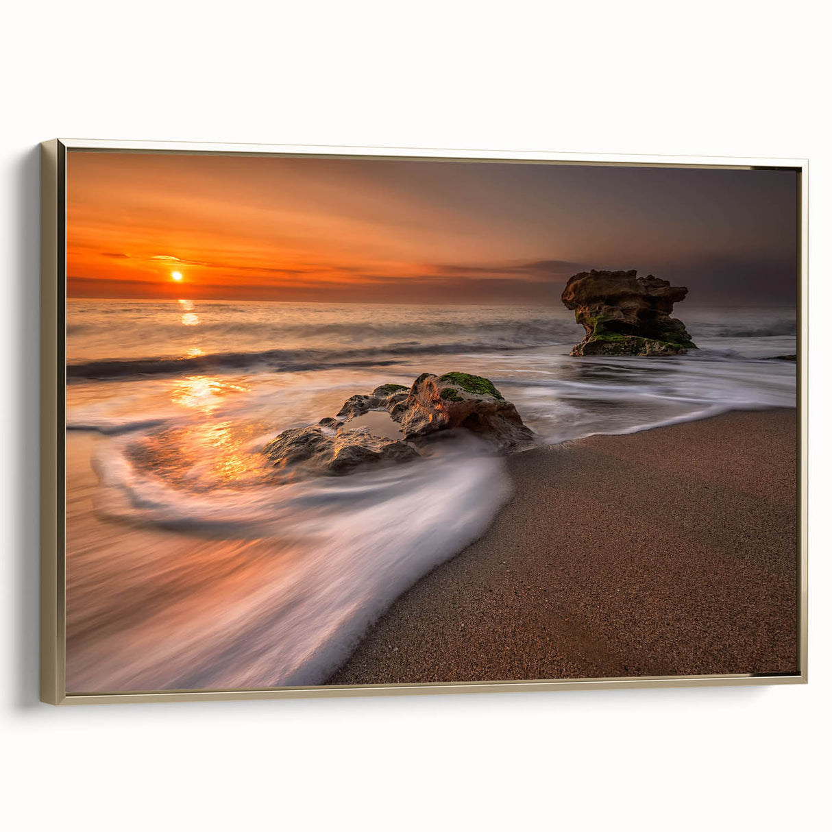 Framed canvas wall art showcasing a vibrant seascape design with gold accents, adding elegance to any interior decor. Ideal for living rooms or coastal themes.