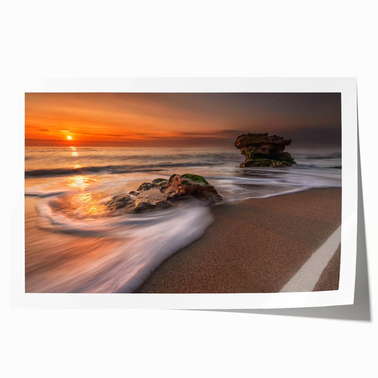Rolled print showcasing a serene seascape design with vibrant blues and greens, ideal for coastal-themed decor; packaged securely for delivery.