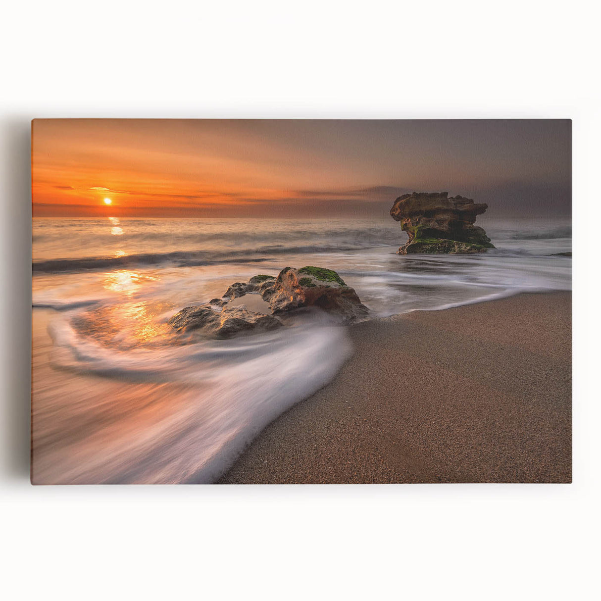 Stretched canvas wall art showcasing a vibrant seascape design with vivid blues and greens, perfect for coastal-themed decor. Ideal for enhancing living room aesthetics.