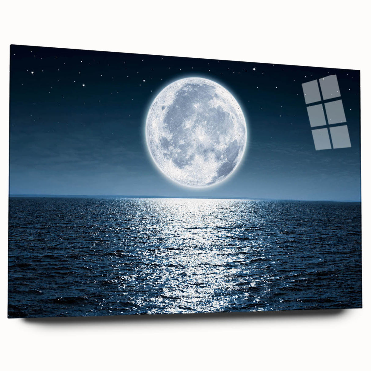 Acrylic glass wall art collection showcasing a serene seascape design, featuring vibrant blues and soft whites, elegantly displayed from a side view without pins. Perfect for coastal-themed decor, this artwork adds a calming touch to any space.
