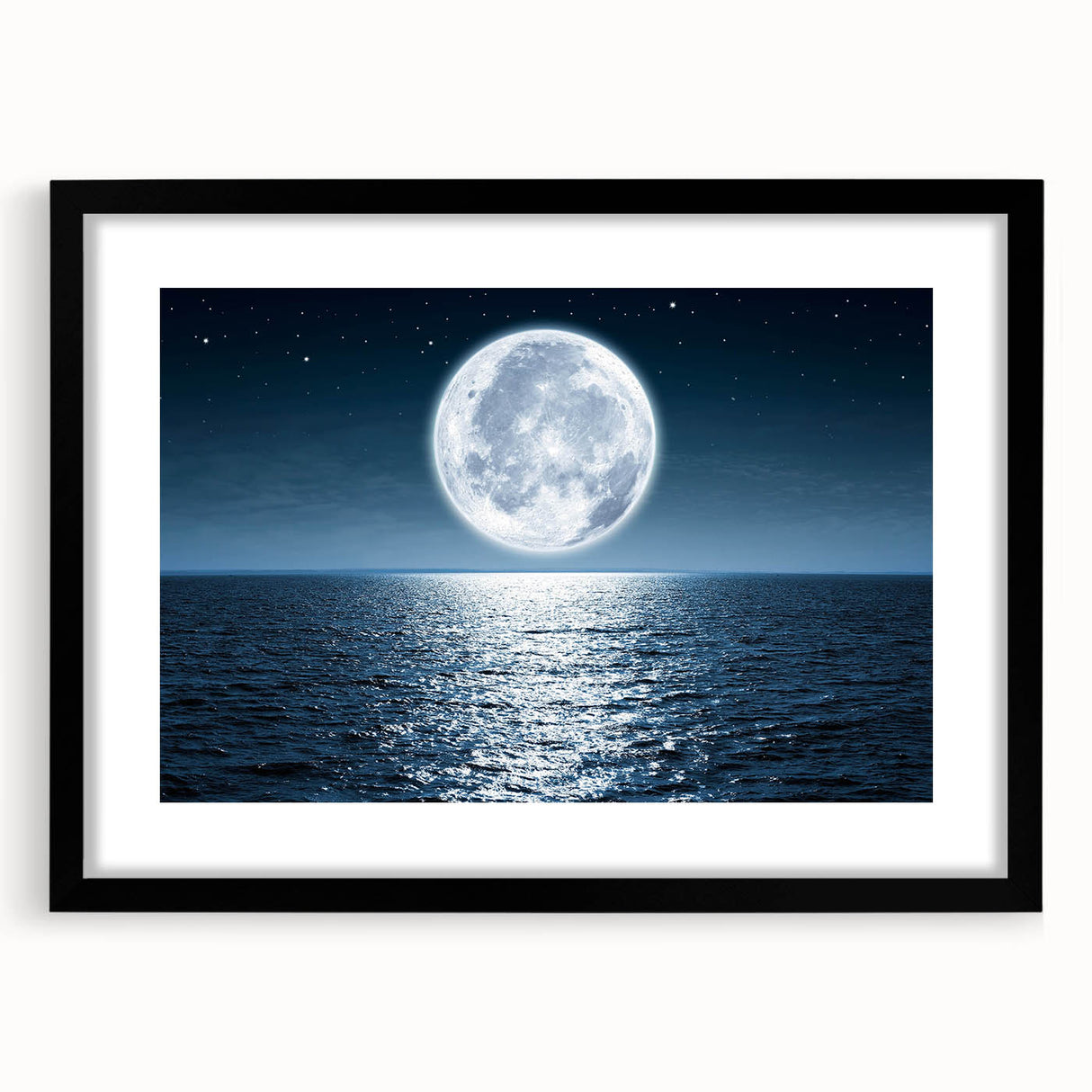 Black-framed wall art featuring a serene seascape design with a mat, showcasing calming ocean waves and soft colors, perfect for home decor.