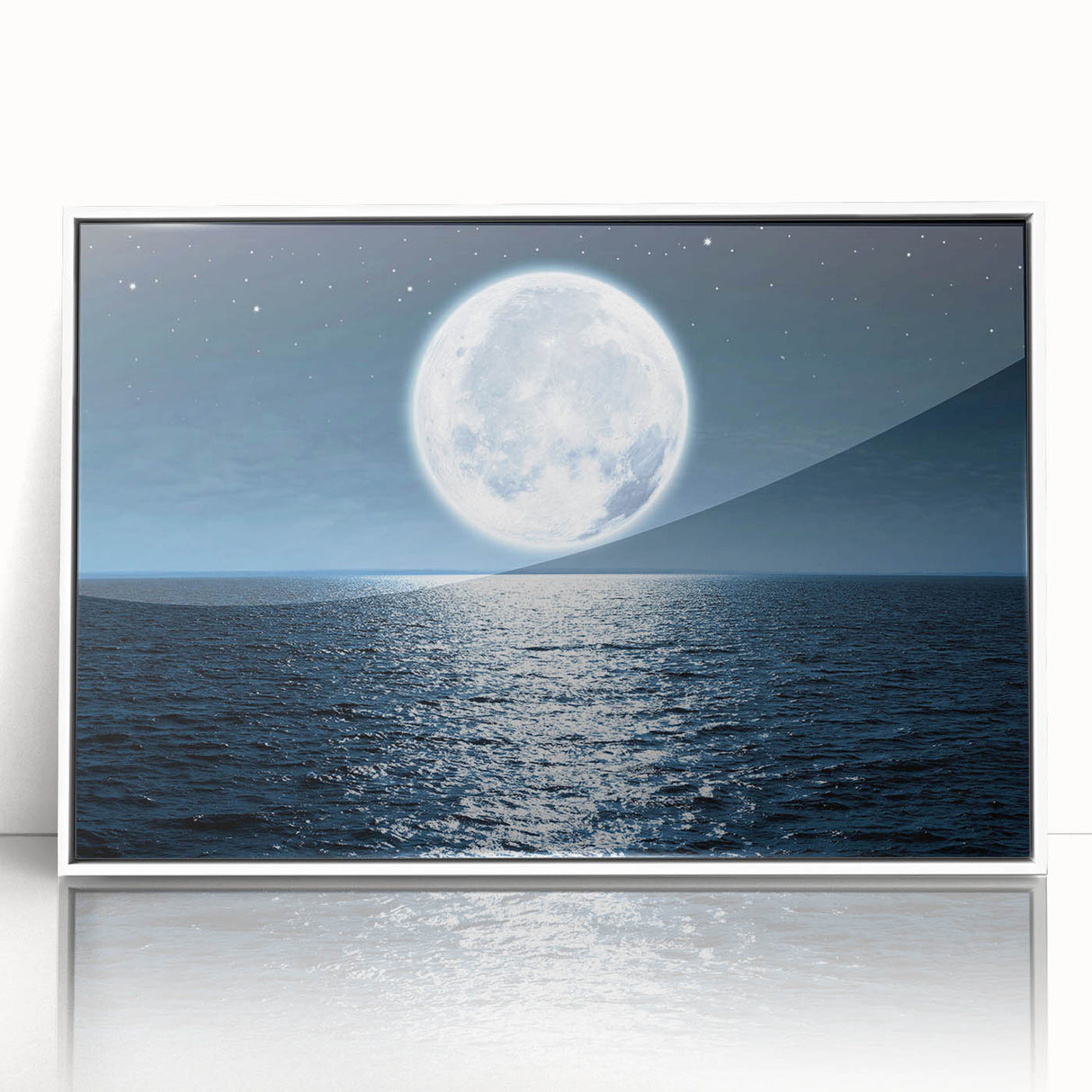 Framed acrylic wall art collection featuring a serene seascape design with vibrant blues and whites, elegantly displayed in a white frame, ideal for coastal decor.
