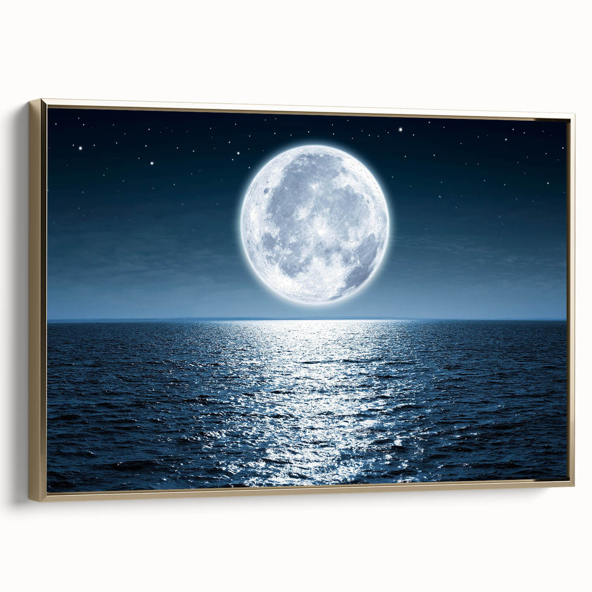 Framed canvas wall art collection showcasing a serene seascape design with gold accents, perfect for modern home decor. The side view highlights its elegant framing and textured surface, ideal for enhancing any living space.