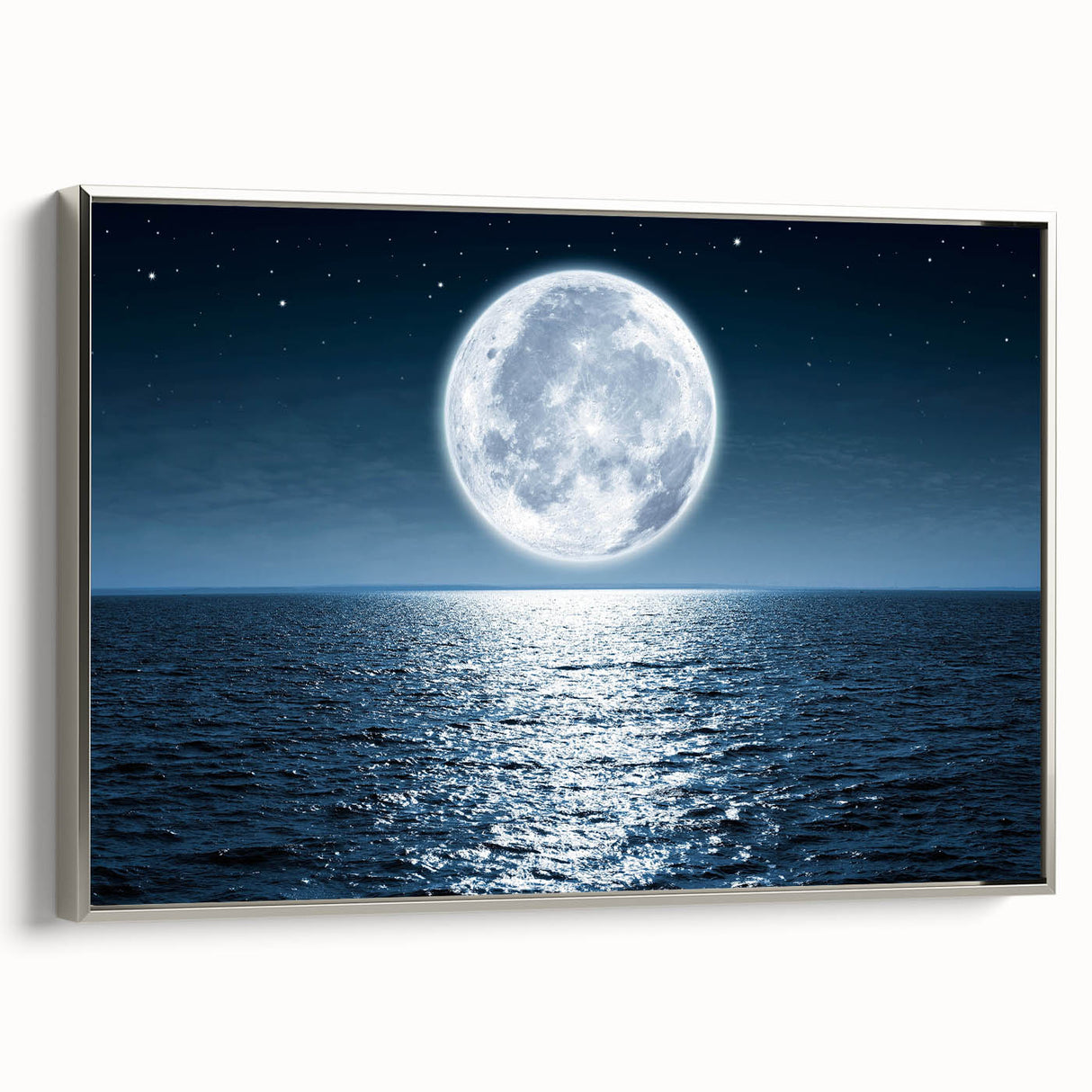 Framed canvas wall art from the Landscapes & Seascapes collection, showcasing a serene coastal scene with vibrant blues and greens, complemented by a sleek silver frame. Perfect for home decor and enhancing interior aesthetics.