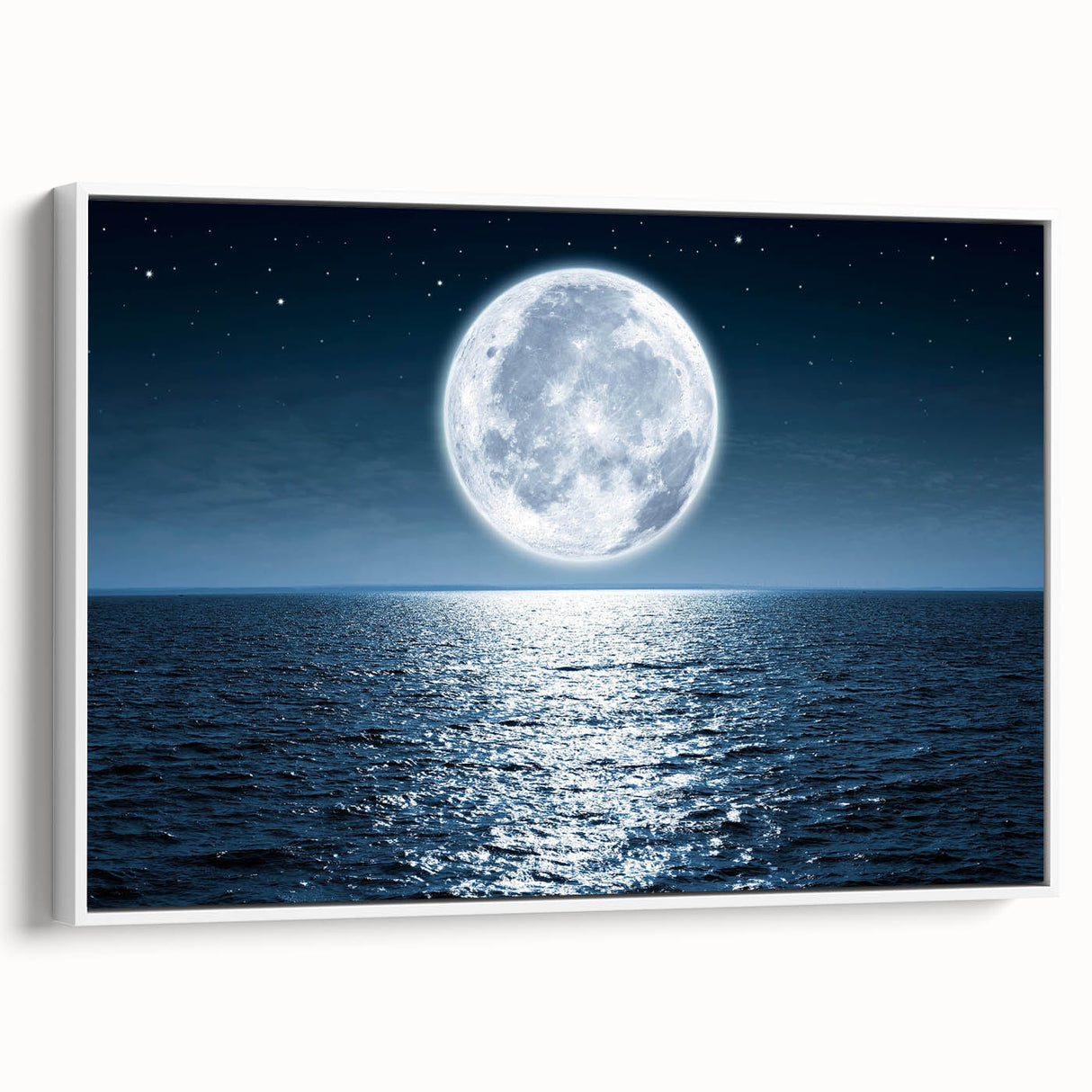 Framed canvas wall art showcasing a serene seascape design with vibrant blues and whites, presented from a side view against a clean white background.