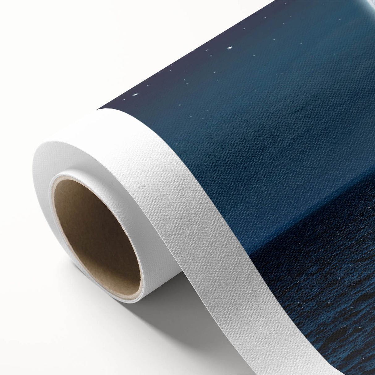 Vibrant rolled canvas artwork showcasing a serene seascape design with gentle waves and a colorful sunset, ideal for home decor or office ambiance, presented in a protective cardboard tube.