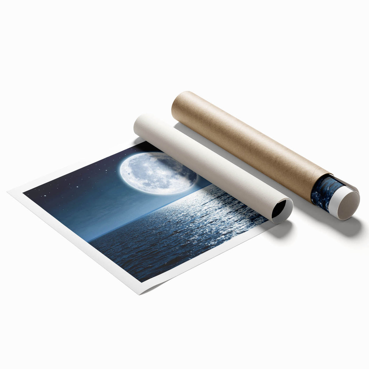 Rolled print of a serene coastal landscape featuring vibrant blues and soft beige tones, showcasing waves crashing against rocks, ideal for home decor.