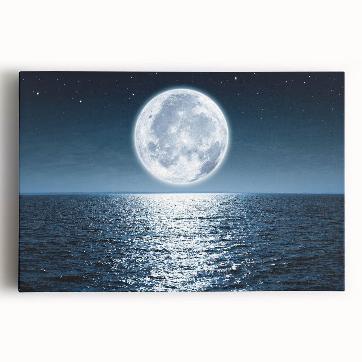 Stretched canvas wall art featuring a serene seascape design, showcasing vibrant blue ocean waves and a soft sunset, perfect for coastal-themed decor.