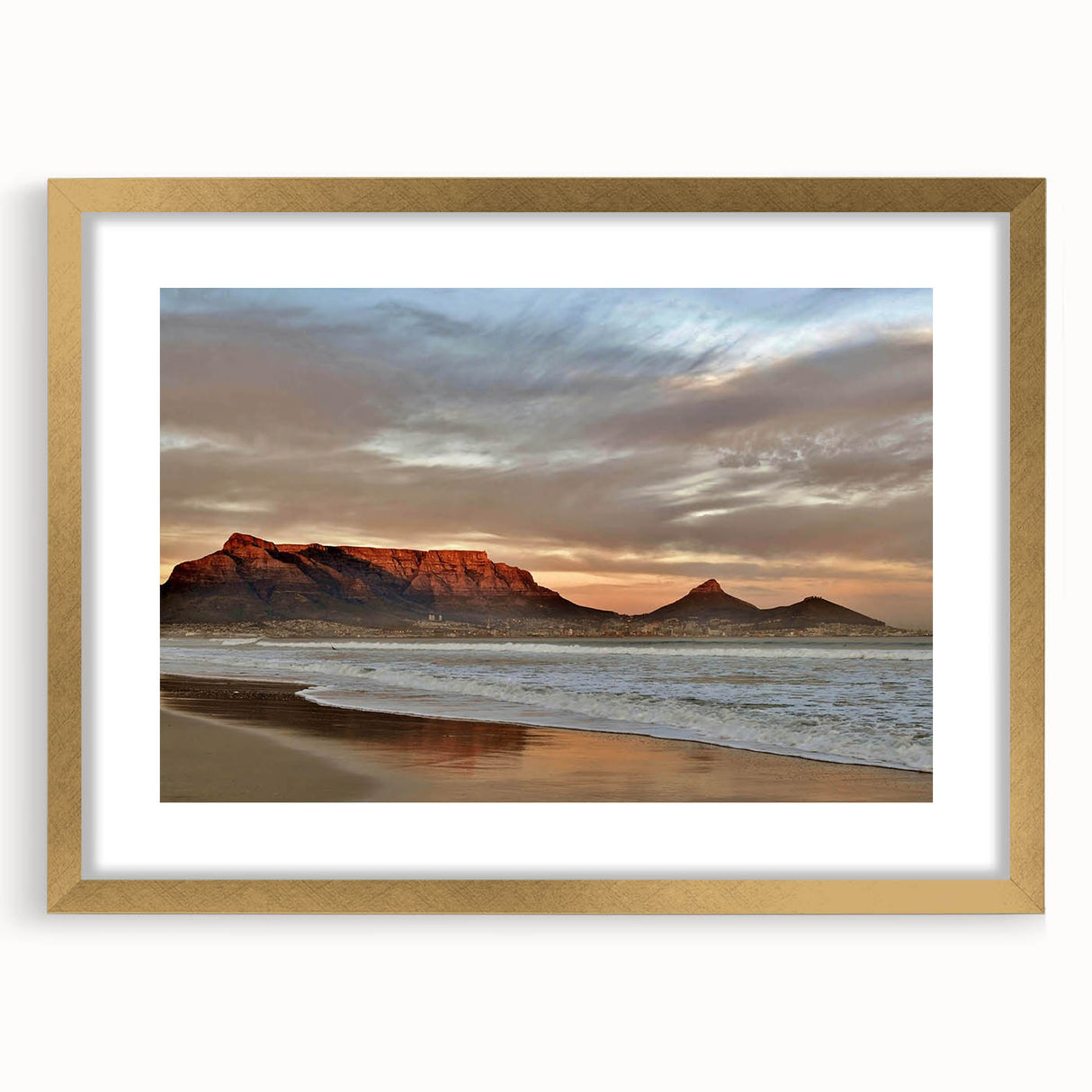 Framed wall art piece showcasing a serene coastal landscape with vibrant colors and intricate details, set in a gold frame with a mat, ideal for home decor.