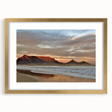 Framed wall art piece showcasing a serene coastal landscape with vibrant colors and intricate details, set in a gold frame with a mat, ideal for home decor.