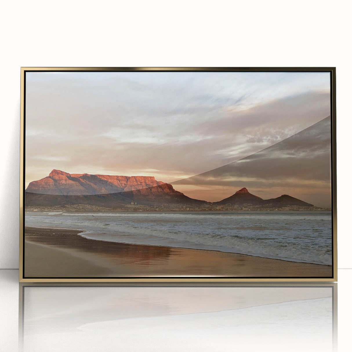 Framed acrylic wall art featuring a stunning seascape design with gold accents, perfect for modern home decor. Ideal for enhancing living spaces with coastal aesthetics.