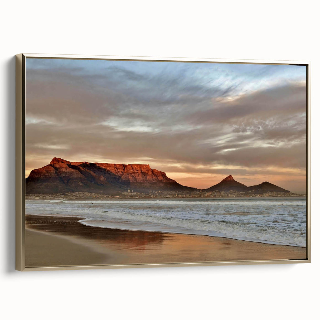Framed canvas wall art showcasing a serene seascape design with gold accents, ideal for enhancing modern home decor. The artwork captures tranquil ocean waves and soft skies, perfect for a calming atmosphere.