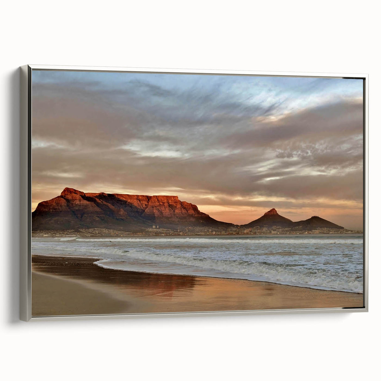 Framed canvas wall art from the Landscapes & Seascapes Design 65 collection, featuring a serene ocean view with silver accents, perfect for modern decor.