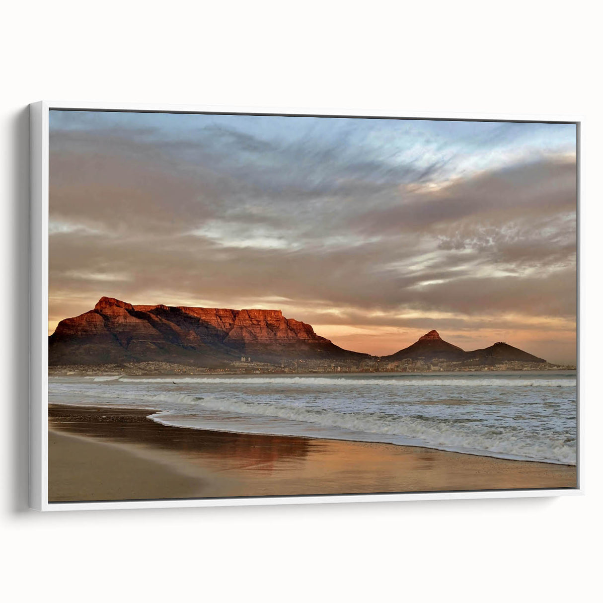 Framed canvas wall art from the Landscapes & Seascapes Design 65 collection, showcasing a serene coastal scene with vibrant blues and greens, displayed from a side view against a white background.