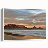 Framed canvas wall art from the Landscapes & Seascapes Design 65 collection, showcasing a serene coastal scene with vibrant blues and greens, displayed from a side view against a white background.
