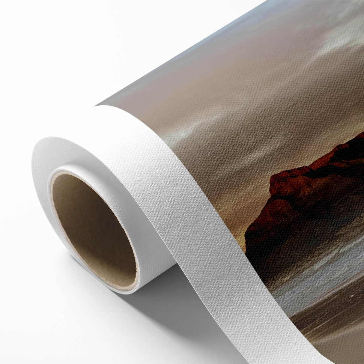 Vibrant rolled canvas artwork showcasing a serene seascape design, featuring calming blues and soft whites, elegantly packaged in a protective cardboard tube for safe transport.