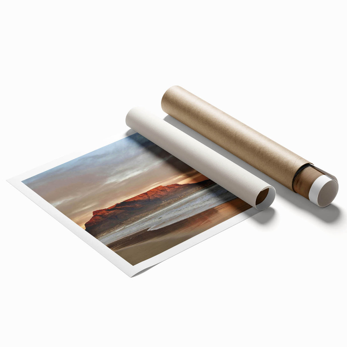 Rolled print showcasing a serene seascape design with vibrant blues and soft whites, perfect for coastal-themed decor, packaged for safe delivery.
