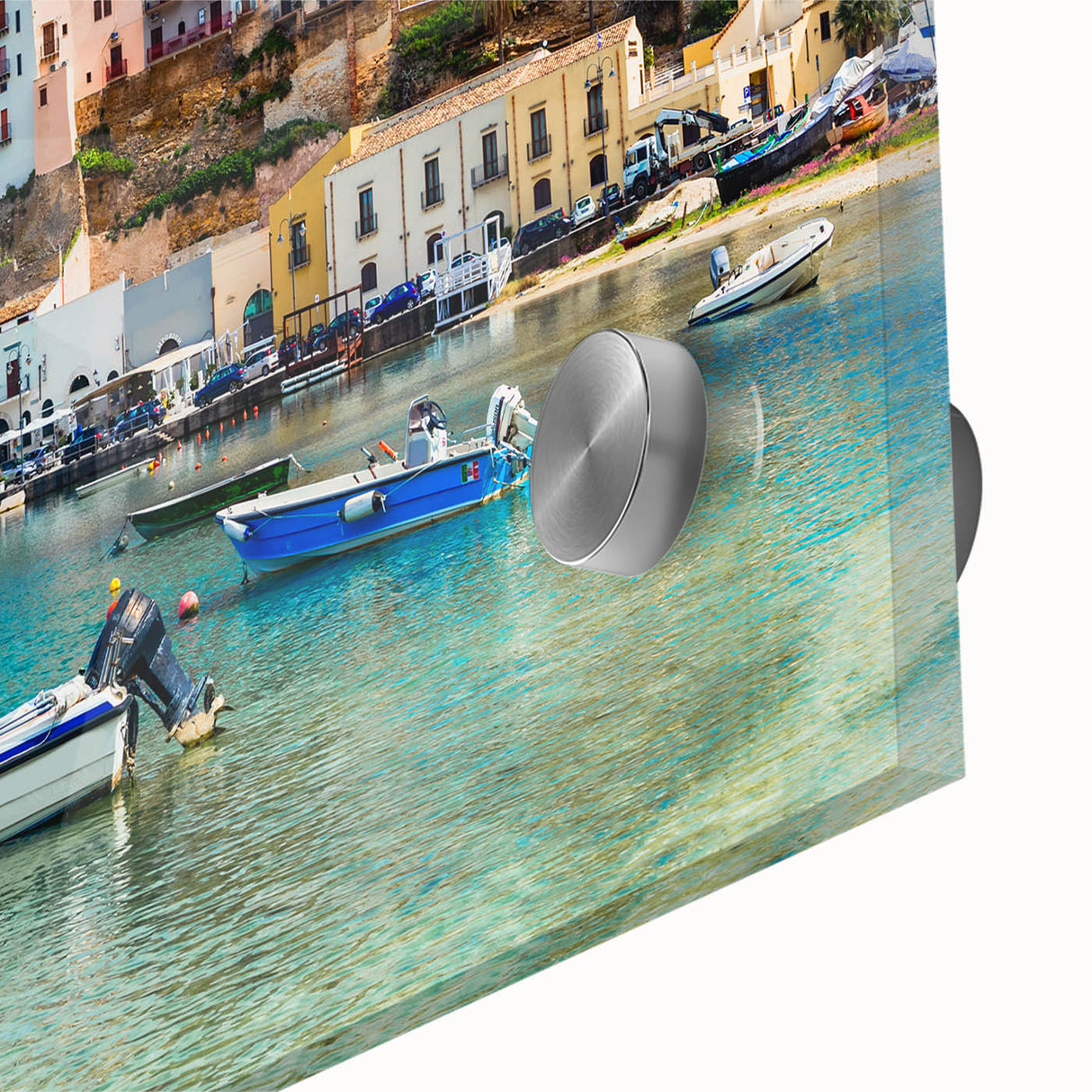 Close-up of a vibrant acrylic glass wall art piece showcasing a serene seascape design, featuring rich blue and green hues, ideal for modern home decor. Perfect for enhancing any living space with a calming coastal vibe.