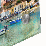 Close-up of a vibrant acrylic glass wall art piece showcasing a serene seascape design, featuring rich blue and green hues, ideal for modern home decor. Perfect for enhancing any living space with a calming coastal vibe.