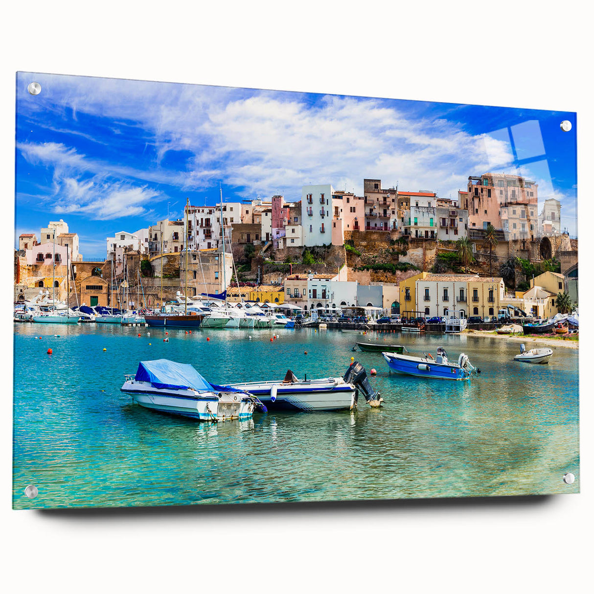 Acrylic glass wall art collection showcasing a vibrant seascape landscape design, featuring vivid colors and intricate details, displayed in a side view with mounting pins. Ideal for enhancing modern home decor or gallery spaces.