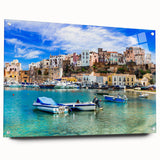 Acrylic glass wall art collection showcasing a vibrant seascape landscape design, featuring vivid colors and intricate details, displayed in a side view with mounting pins. Ideal for enhancing modern home decor or gallery spaces.