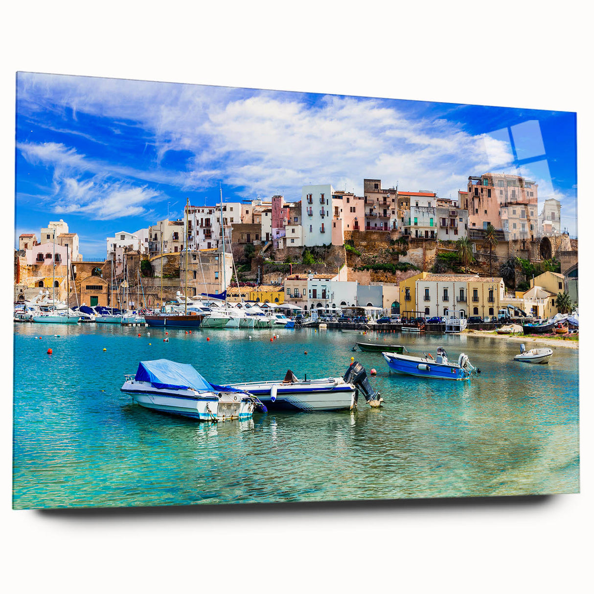 Acrylic glass wall art showcasing a serene seascape design, highlighting vibrant blues and sandy hues, perfect for coastal home decor, displayed from a side view.