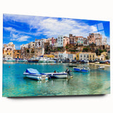 Acrylic glass wall art showcasing a serene seascape design, highlighting vibrant blues and sandy hues, perfect for coastal home decor, displayed from a side view.