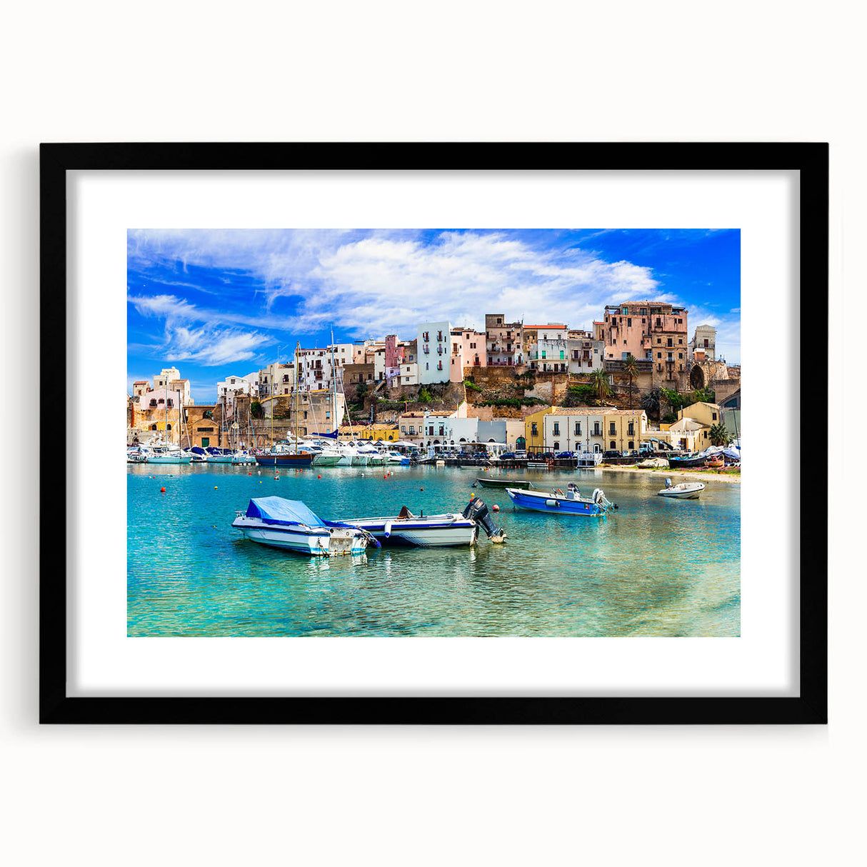 Framed wall art from the Landscapes & Seascapes collection featuring a black mat and sleek frame, showcasing a serene ocean view with vibrant colors and intricate details that enhance home decor. Ideal for adding a touch of elegance to living spaces.