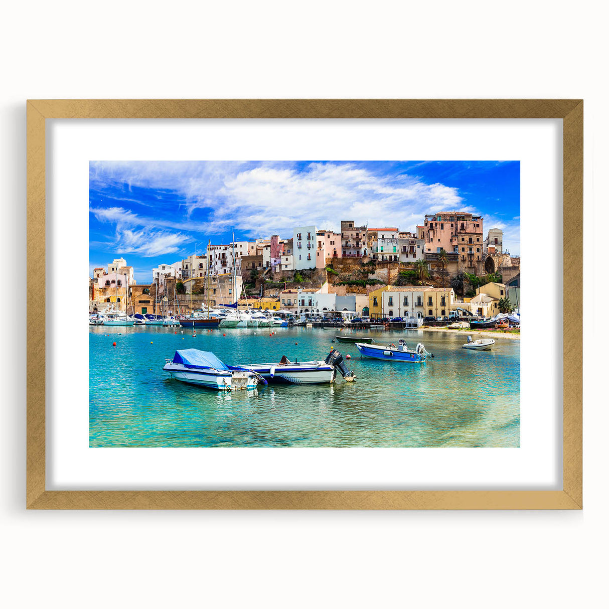Framed wall art showcasing a serene seascape design with calming blues and gold accents, ideal for enhancing living spaces and promoting relaxation. Perfect for coastal-themed decor, this piece adds elegance and tranquility to any room.