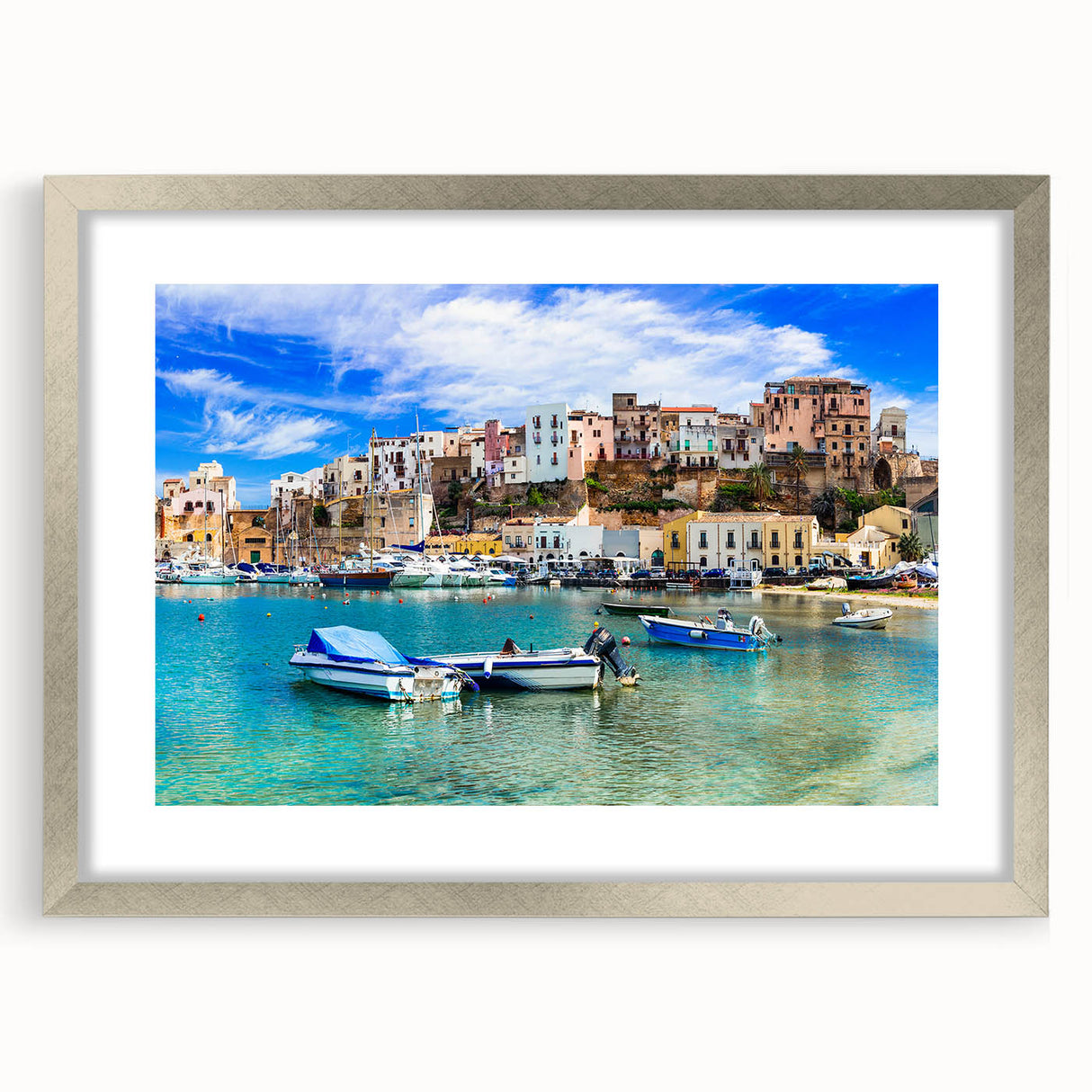 Framed wall art featuring a serene seascape design with a silver mat, showcasing calming ocean waves and a soft color palette, perfect for home decor.