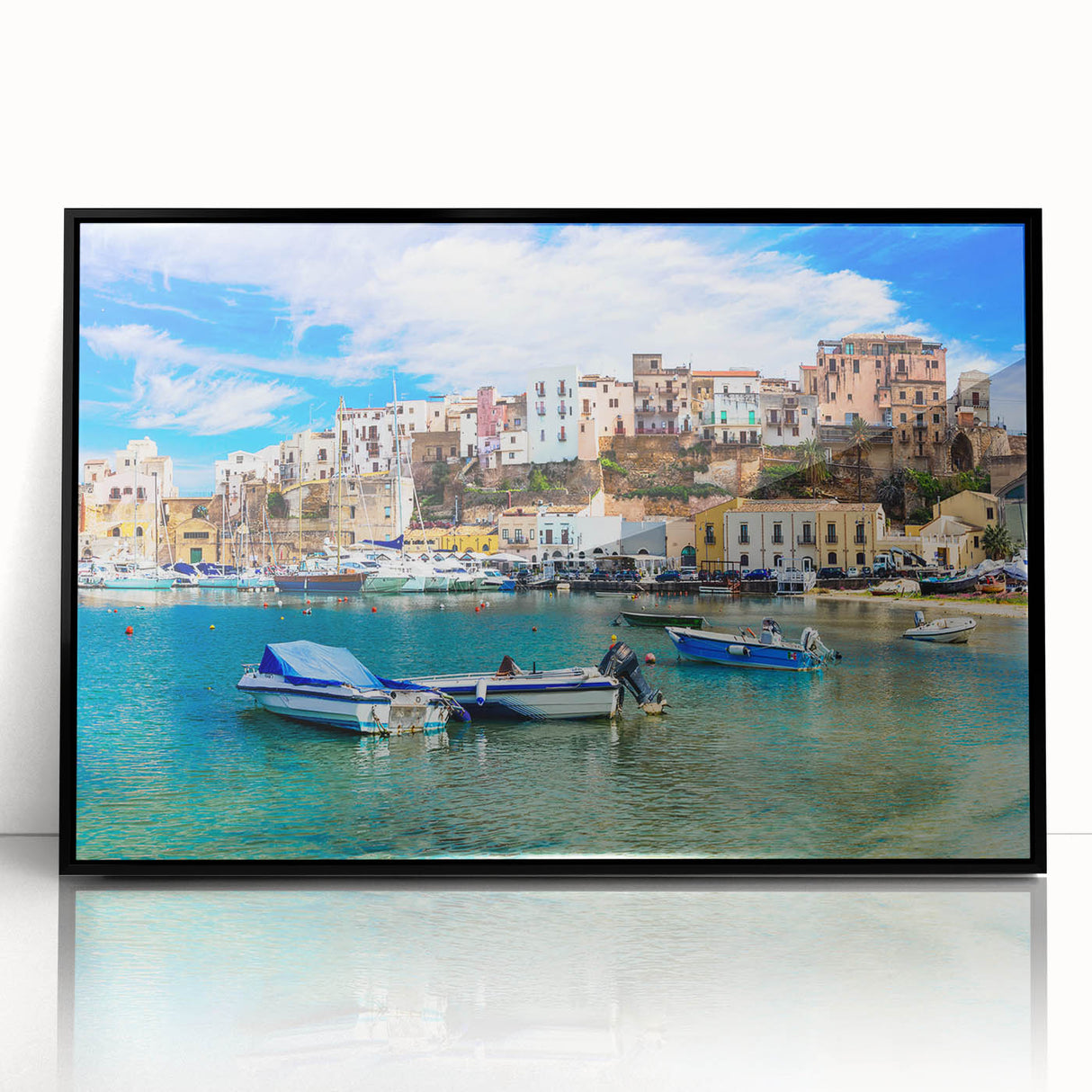 Framed acrylic wall art depicting a vibrant seascape with calming blue and green hues, featuring a black frame for a modern aesthetic, perfect for coastal decor.
