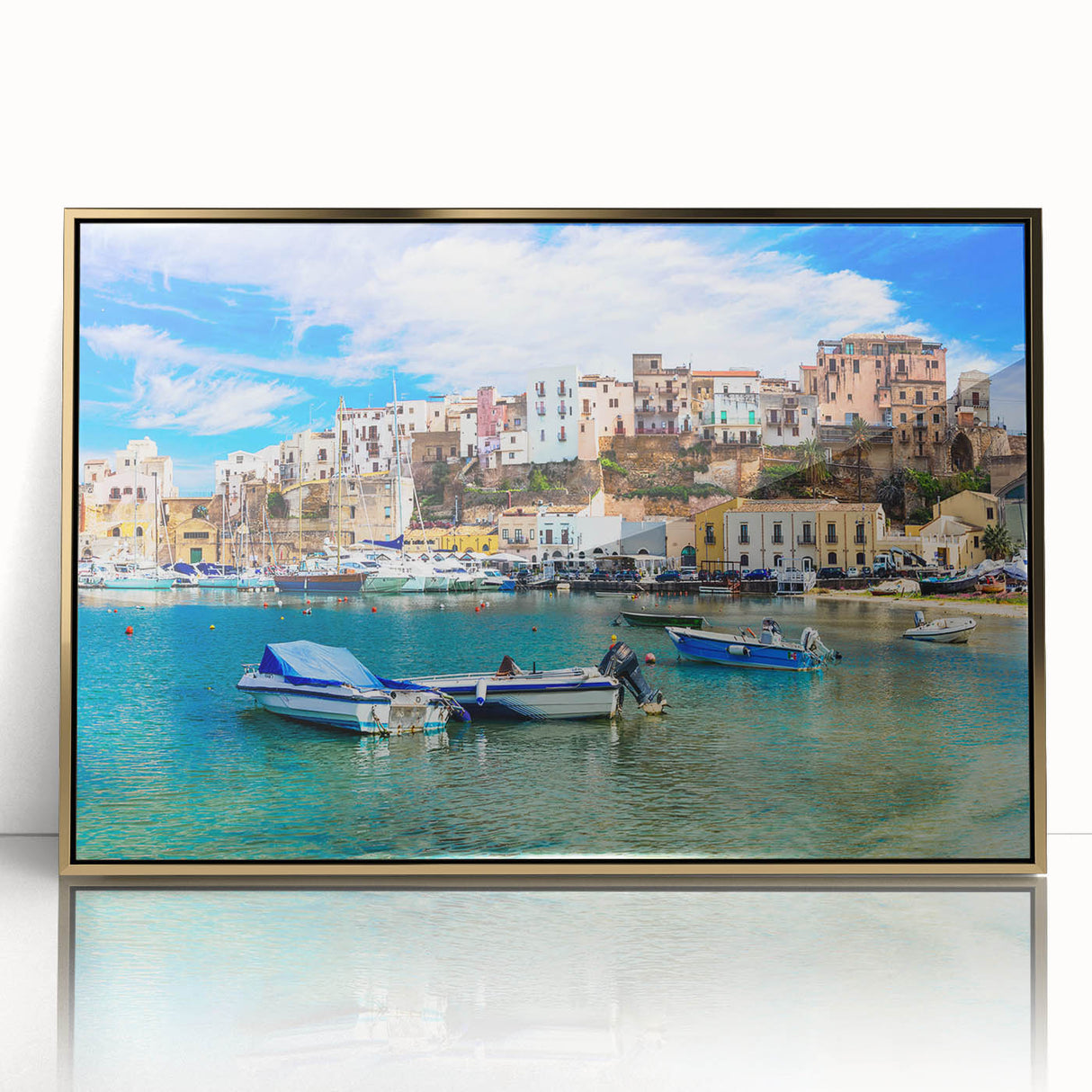 Framed acrylic wall art featuring a stunning seascape design with gold accents, showcasing vibrant blues and serene coastal imagery, perfect for home decor.