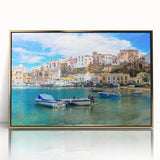 Framed acrylic wall art featuring a stunning seascape design with gold accents, showcasing vibrant blues and serene coastal imagery, perfect for home decor.