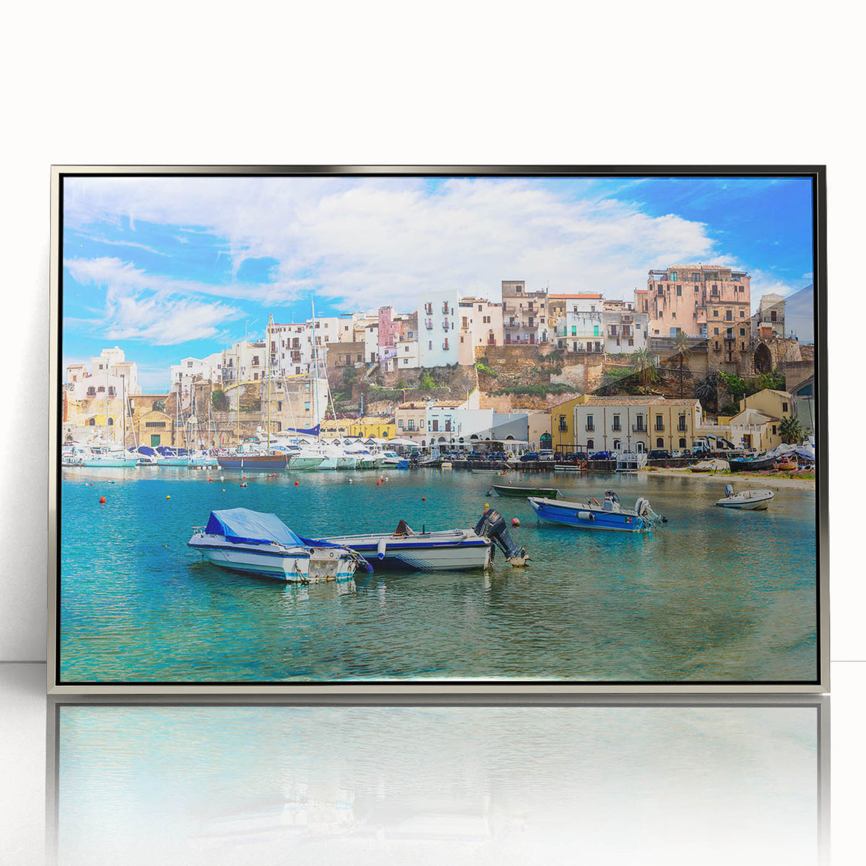 Framed acrylic wall art showcasing a serene seascape design with silver accents, ideal for modern home decor, enhancing living spaces with tranquility.