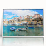 Framed acrylic wall art featuring a serene seascape design with vibrant blue and white tones, displayed in a modern white frame, perfect for coastal-themed decor.