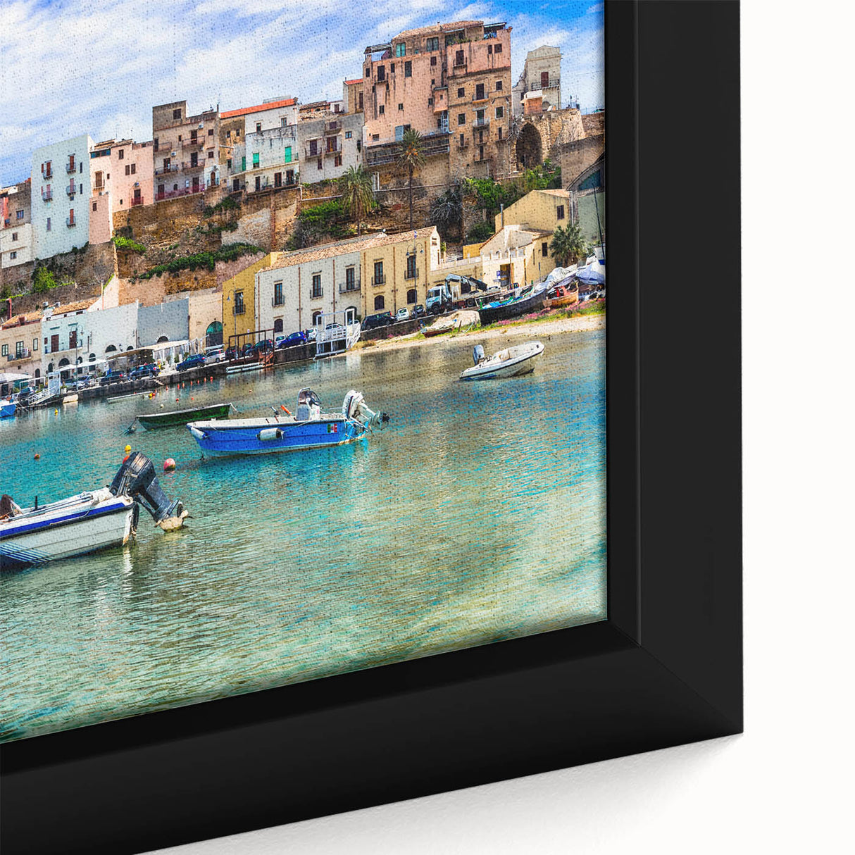 Close-up of a framed canvas wall art piece showcasing a vibrant seascape design, featuring rich blues and greens, perfect for modern home decor. This artwork adds a calming oceanic touch to any room, highlighting the beauty of nature.